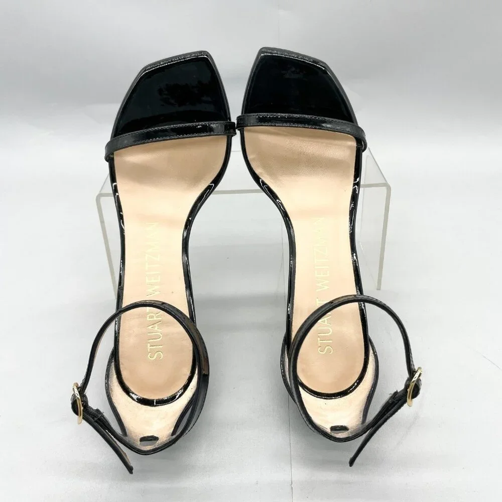 Stuart Weitzman Nudistcurve Black Patent Leather Strappy Stiletto Heel - Picture 7 of 14